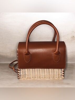 Urban Expressions Brown Leather & Woven Satchel with Top Handles
